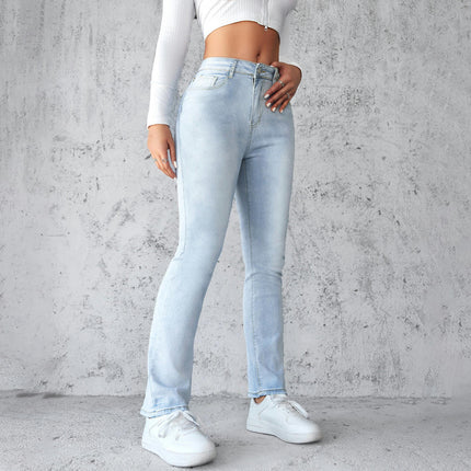 Women's Casual Mid-Rise Denim Pants Stretch Straight Leg Jeans