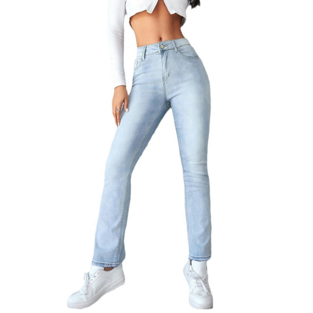 Women's Casual Mid-Rise Denim Pants Stretch Straight Leg Jeans