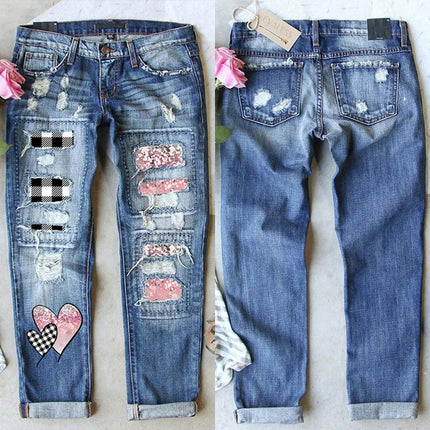 Ripped Jeans for Women Plaid Patch Boyfriend Straight Leg Distressed Denim Pants