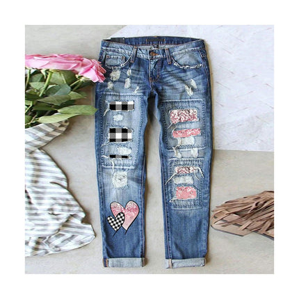 Ripped Jeans for Women Plaid Patch Boyfriend Straight Leg Distressed Denim Pants