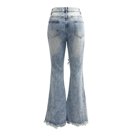 Women's Bell Bottom Jeans Destoryed Ripped High Waist Raw Hem Flare Denim Pants