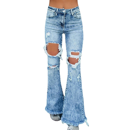 Women's Bell Bottom Jeans Destoryed Ripped High Waist Raw Hem Flare Denim Pants