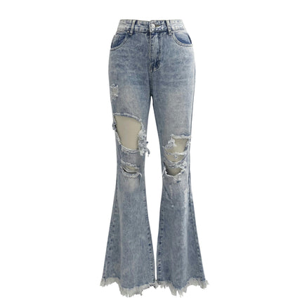 Women's Bell Bottom Jeans Destoryed Ripped High Waist Raw Hem Flare Denim Pants