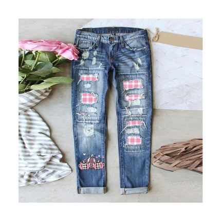 Womens Plaid Patch Ripped Boyfriend Distressed Straight Leg Denim Jeans with Hole