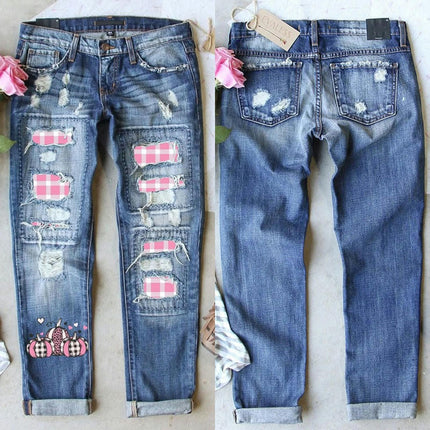 Womens Plaid Patch Ripped Boyfriend Distressed Straight Leg Denim Jeans with Hole