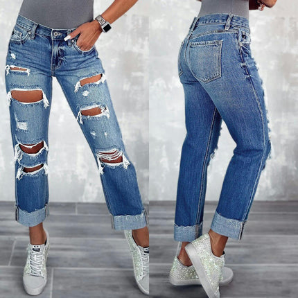 Womens Ripped Cuffed Jeans Mid Waisted Boyfriend Straight Leg Denim Pants