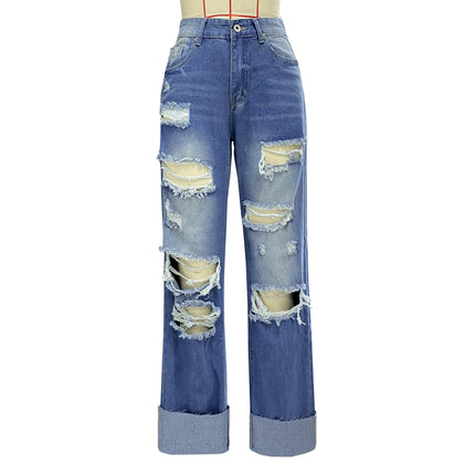 Womens Ripped Cuffed Jeans Mid Waisted Boyfriend Straight Leg Denim Pants