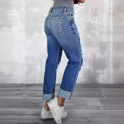 Womens Ripped Cuffed Jeans Mid Waisted Boyfriend Straight Leg Denim Pants