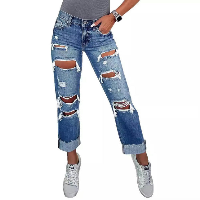 Womens Ripped Cuffed Jeans Mid Waisted Boyfriend Straight Leg Denim Pants