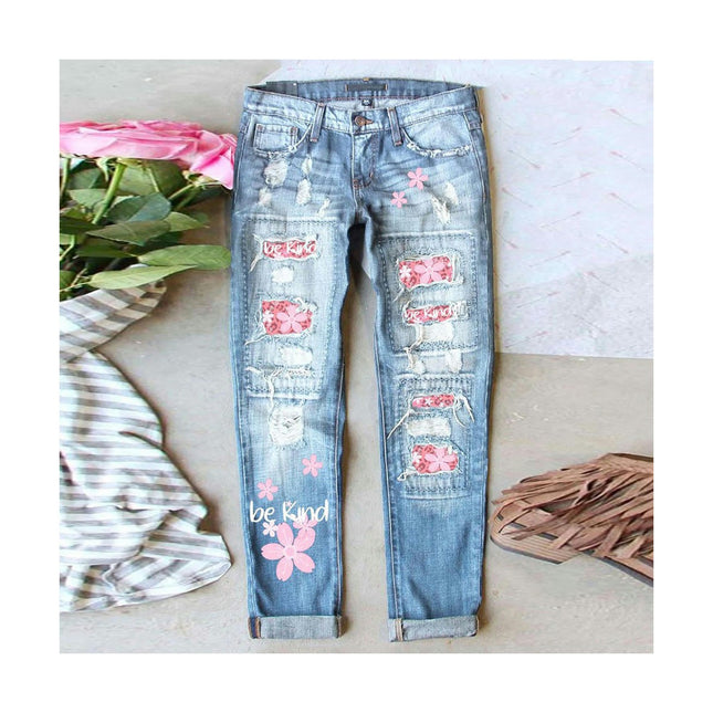 Ripped Jeans for Women Plaid Patch Boyfriend Mid Waist Distressed Denim Pants