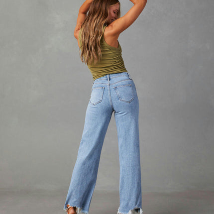 Straight Leg Jeans for Women Trendy Mid Waisted Raw Hem Denim Pants