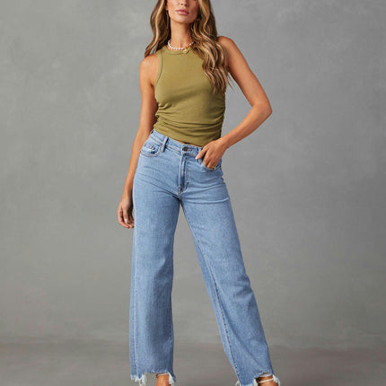 Straight Leg Jeans for Women Trendy Mid Waisted Raw Hem Denim Pants