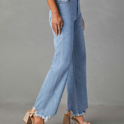 Straight Leg Jeans for Women Trendy Mid Waisted Raw Hem Denim Pants