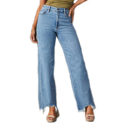 Straight Leg Jeans for Women Trendy Mid Waisted Raw Hem Denim Pants