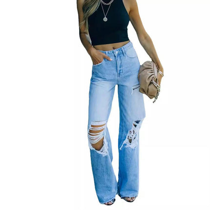 Ripped Wide Leg Jeans for Women Baggy Straight Boyfriend Trendy Denim Pants-A2