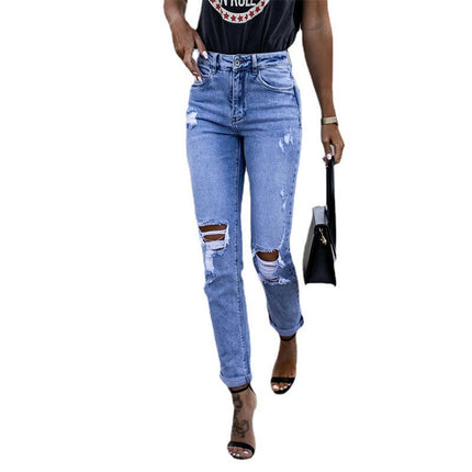 Women's High Waisted Jeans Strechy Ripped Straight Leg Denim Pants