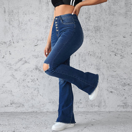 Women High Waisted Flared Jeans Ripped Stretch Bell Bottom Denim Pants