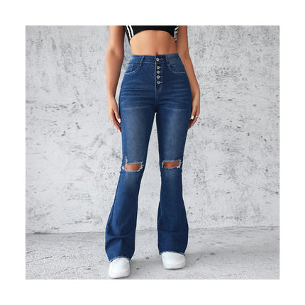 Women High Waisted Flared Jeans Ripped Stretch Bell Bottom Denim Pants