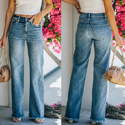 Wide Leg Jeans for Women High Waisted Frayed Raw Hem Loose Denim Pants