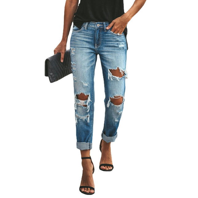 Women's Ripped Boyfriend Jeans Stretch Skinny Trendy Distressed Denim Pants