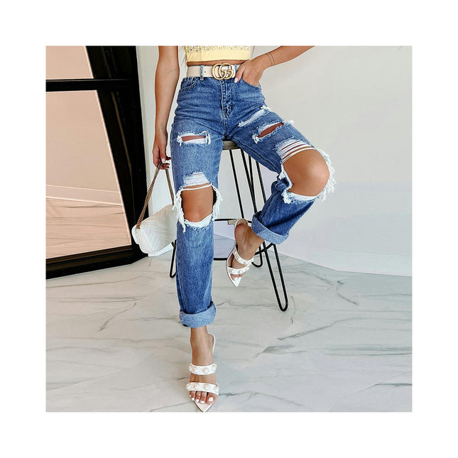 Women's Boyfriend Trendy Ripped Jeans Straight Leg High Waisted Denim Pants