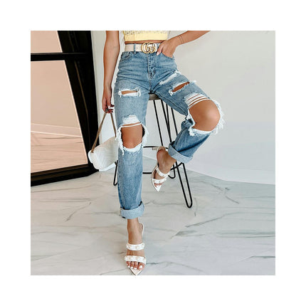 Women's Boyfriend Trendy Ripped Jeans Straight Leg High Waisted Denim Pants