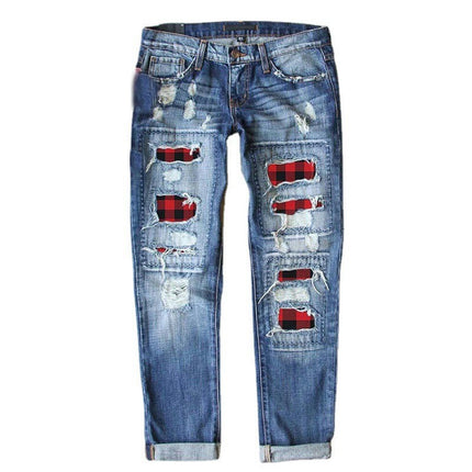 Women's Fashion Ripped Denim Jeans Plaid Patch Distressed Denim Pants