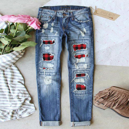 Women's Fashion Ripped Denim Jeans Plaid Patch Distressed Denim Pants