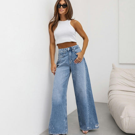 Womens Baggy Distressed Boyfriend Jeans Ripped Wide Leg Denim Pants