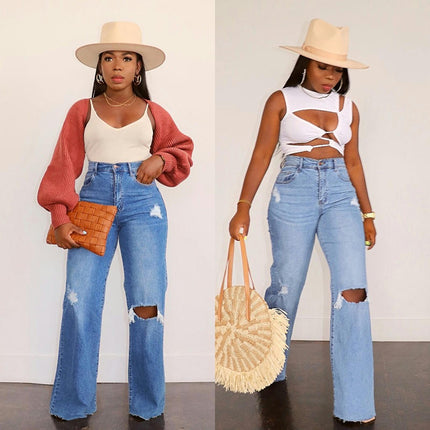 Women's Casual Loose Ripped Denim Pants Distressed Straight Wide Leg Jeans