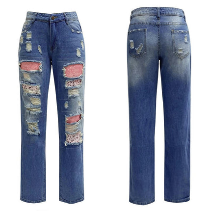 Ripped Jeans for Women Plaid Patch Boyfriend Distressed Denim Pants