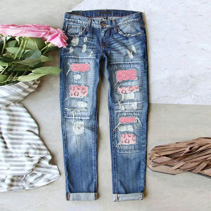 Ripped Jeans for Women Plaid Patch Boyfriend Distressed Denim Pants