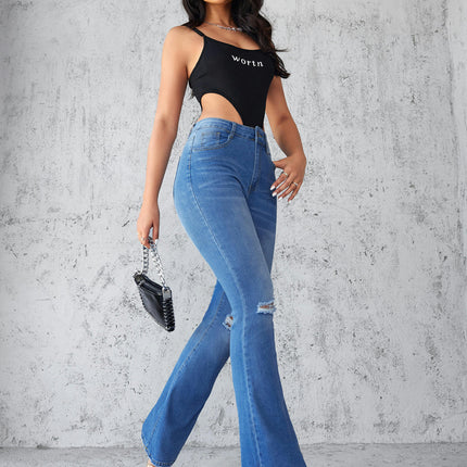 Women's Ripped Bell Bottom Jeans High Rise Distressed Stretch Flare Denim Pants