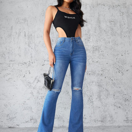 Women's Ripped Bell Bottom Jeans High Rise Distressed Stretch Flare Denim Pants