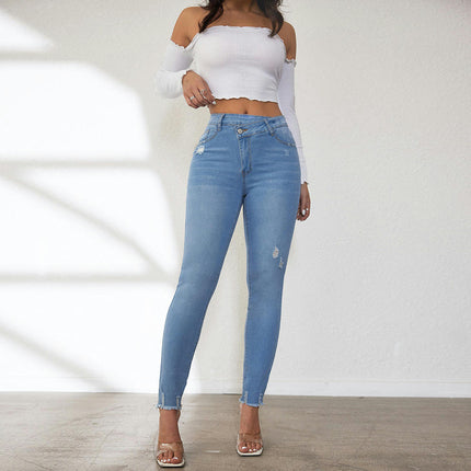 Women Skinny Ripped Jeans Stretch Distressed High Waisted Denim Pants