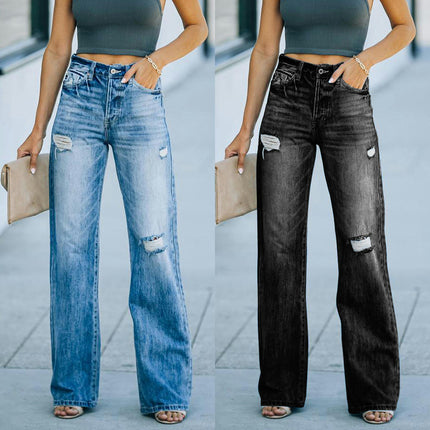 High Waisted Loose Ripped Jeans for Women Boyfriend Straight Wide Leg Casual Denim Pants