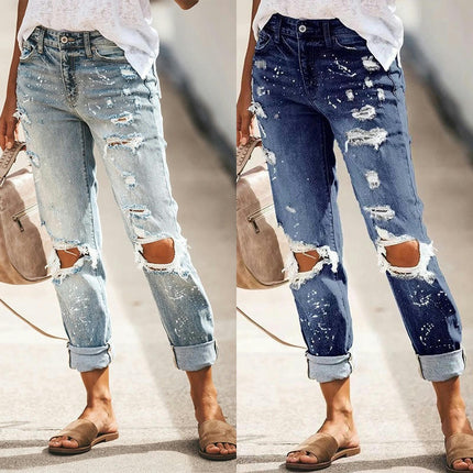 Women's Ripped Boyfriend Jeans Straight Leg Distressed Denim Pants-A1