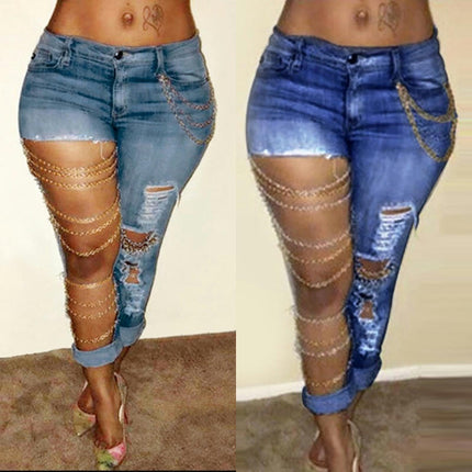 Women's High Wasit Ripped Cut Out Chain Denim Pants Stretch Pencil Jeans