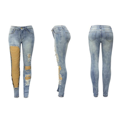 Women's High Wasit Ripped Cut Out Chain Denim Pants Stretch Pencil Jeans