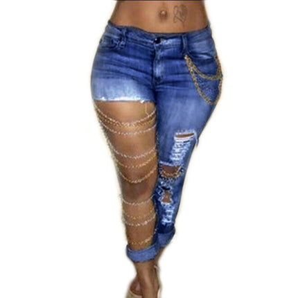 Women's High Wasit Ripped Cut Out Chain Denim Pants Stretch Pencil Jeans