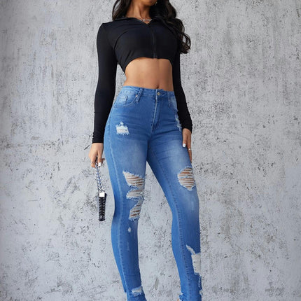 Women's High Waist Ripped Jeans Casual Skinny Stretch Distressed Denim Pants