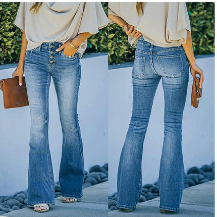 Women's High Waisted Flared Jeans Stretch Button Fly Bell Bottoms Denim Pants