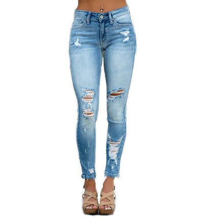 Women Mid Waisted Skinny Ripped Jeans Stretch Distressed Denim Pants