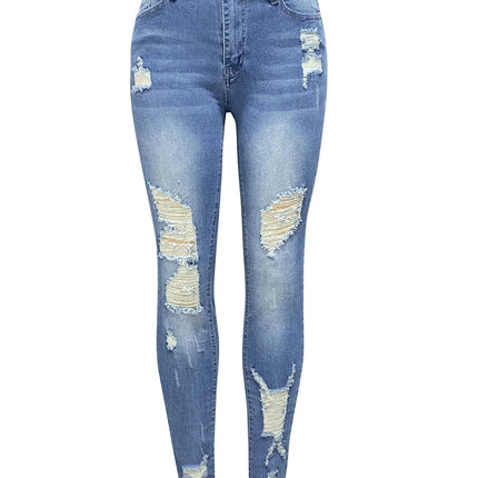 Women Mid Waisted Skinny Ripped Jeans Stretch Distressed Denim Pants