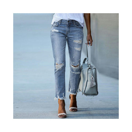 Women's Distressed Mid Waisted Boyfriend Jeans Ripped Stretchy Denim Pants