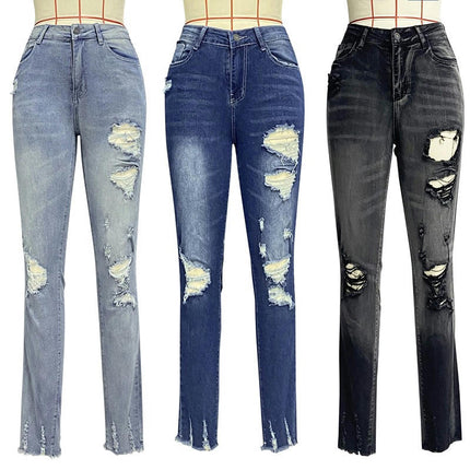 Women's Distressed Mid Waisted Boyfriend Jeans Ripped Stretchy Denim Pants