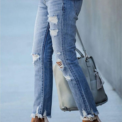 Women's Distressed Mid Waisted Boyfriend Jeans Ripped Stretchy Denim Pants