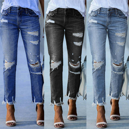 Women's Distressed Mid Waisted Boyfriend Jeans Ripped Stretchy Denim Pants