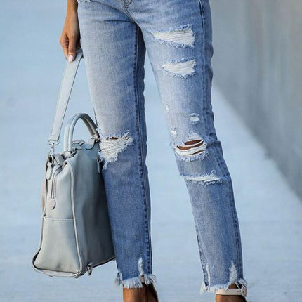 Women's Distressed Mid Waisted Boyfriend Jeans Ripped Stretchy Denim Pants