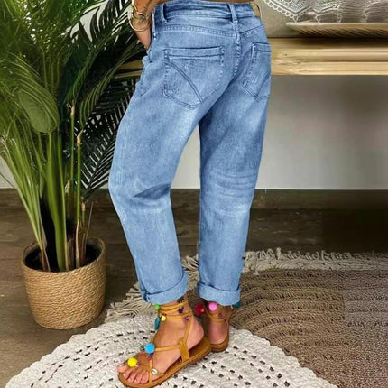 Women's Ripped Jeans Casual Distressed Mid Rise Straight Leg Denim Pants